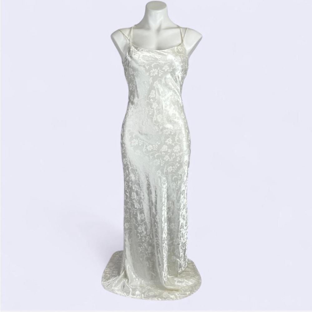 Vintage 90s Steppin’ Out White Floral Jaquard Satin Maxi Prom Dress Size 9/10